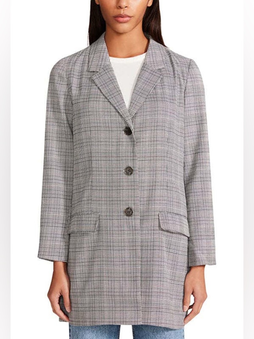 NWT BB Dakota Steve Madden Plaid Neutral Longline Preppy Button Collared Blazer